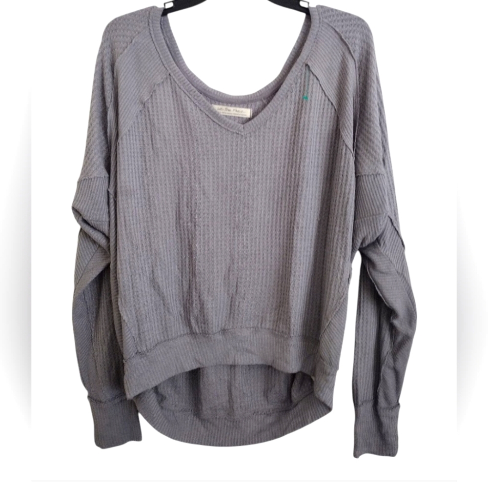 We The Free Santa Clara Grey Thermal V-Neck Waffle Knit Sweater Size Small